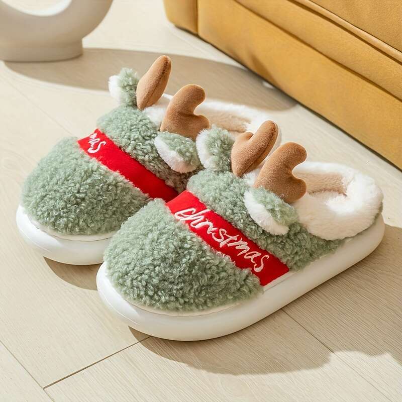 Cute Christmas Elk Anti Slip Warm Home Cotton Slippers, Thickened Plush And Fury Slippers