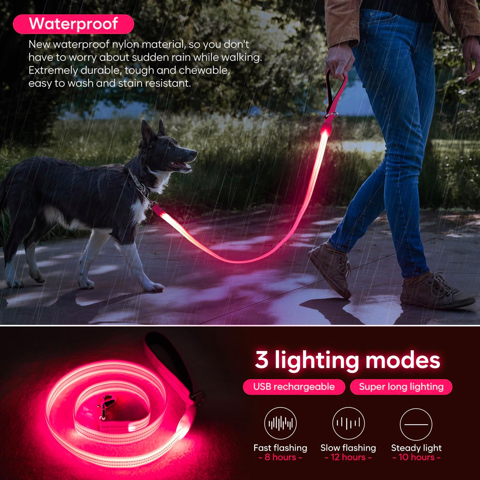 LED Leash, Light Up Dog Leash 4 Ft USB Rechargeable Waterproof, Nylon Reflective Leashes with Padded Handle Dogs Night Walking Light, Safety Glow in T