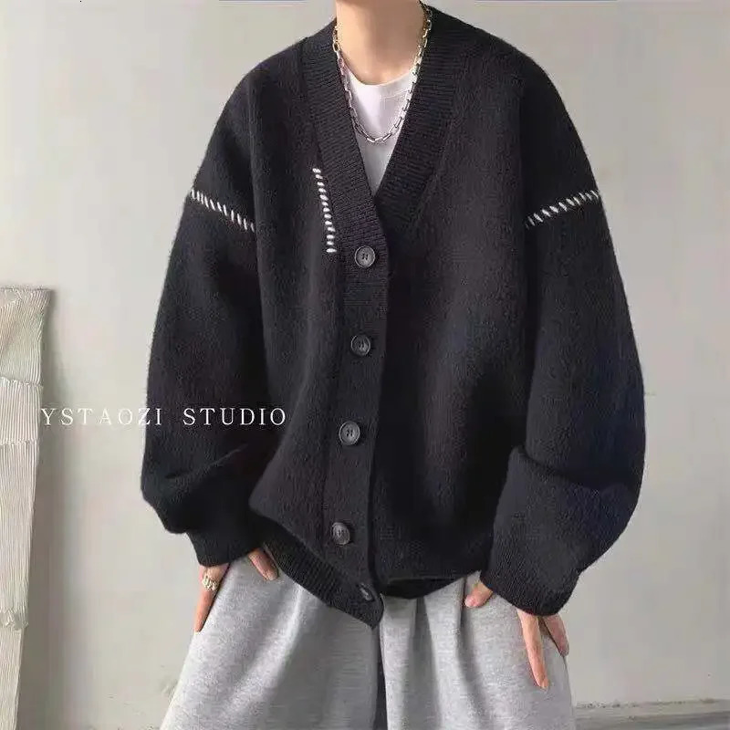 Knitted cardigan wool sweater mens solid color hoodless long sleeved mens sweater open cable er top casual jacket Y2k retro weave 241126