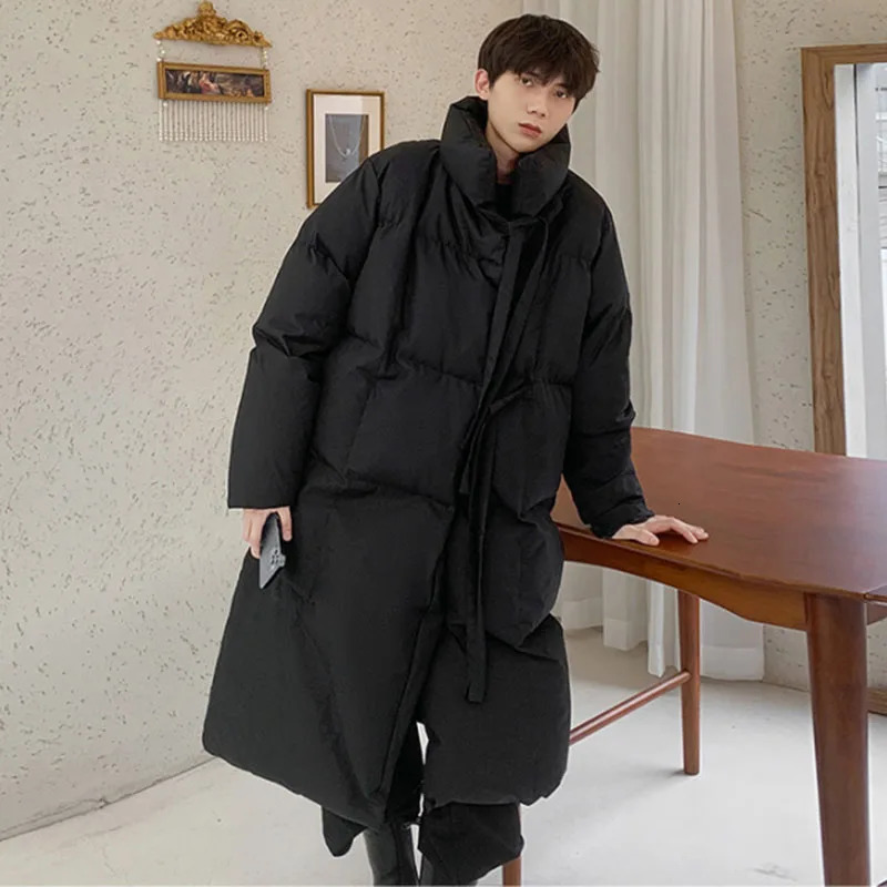 Mens Midlength Winter Coat Down Cotton Coats Stand Collar Long Sleeves Black Singlebreasted Extra Overtheknee Parkas 241112