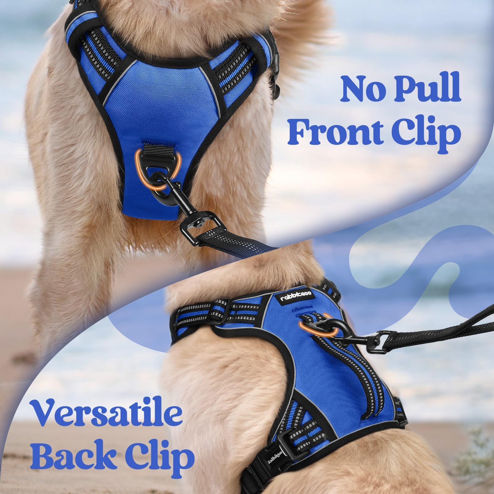 rabbitgoo Dog Sized, No Pull Pet Soft Padded Handle, Adjustable Reflective Vest 3 Buckles, Easy Walking Harness with 2 Leash Clips,, M