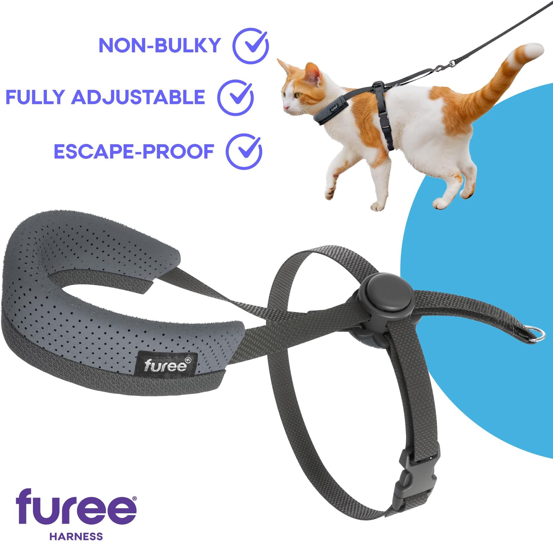 Furee Push-Button Adjustable Harness for Cats, Non-Bulky, Escape-Proof, Anti-Flop Over, Fully Adjustable Harness for Pets, Also for Small Dogs, Bunnys