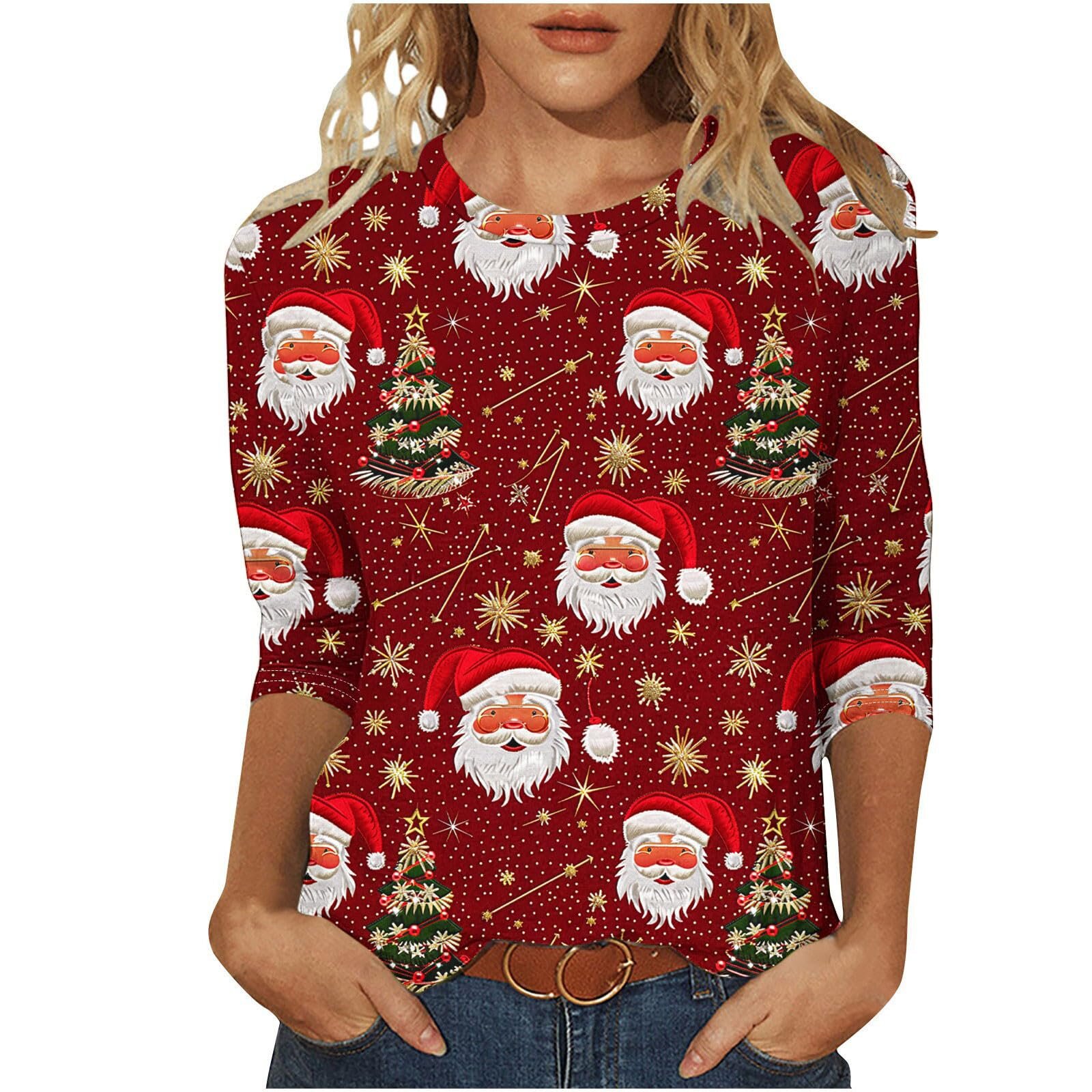 Women's Ral T Shirts Long Sleeve Tops, Vintage Casual Loose R-Neck Plus Size Christmas Clothes