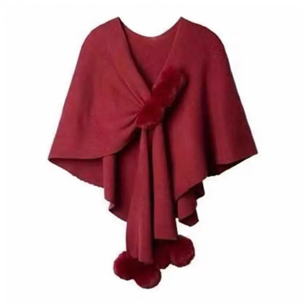 Autumn Women irregular Knitted Sweater Shawl With Faux Fur Pom pom Cashmere Cape Female Winter Pashmina Wraps 241126