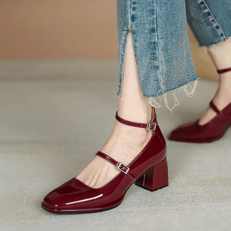 red mary jane shoes heels Womens Shoes Mary Jane Spring summer Thick-heeled High-heeled Retro Square Toe Pumps 241127