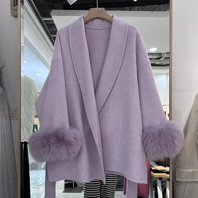 Korea Chic Flip Collar Fox Fur Double-Sided Woolen Coat Elegant Wool Jacket Women Winter Brown Overcoats 6U724