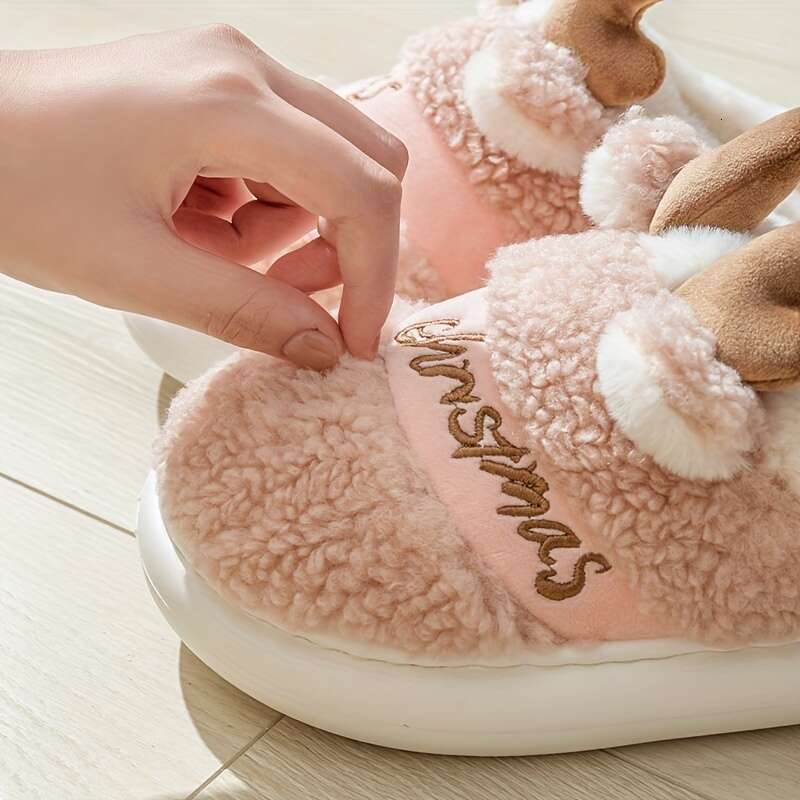 Cute Christmas Elk Anti Slip Warm Home Cotton Slippers, Thickened Plush And Fury Slippers