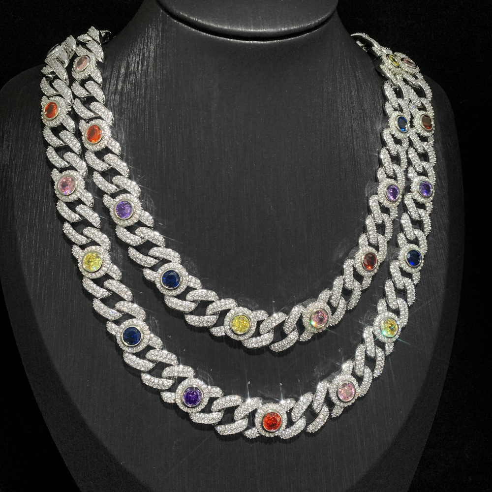 Fashion New Iced Out Round Eye Charm Necklace 12mm Cuban Chain Prong Setting Rainbow Cubic Zirconia Hip Hop Jewelry