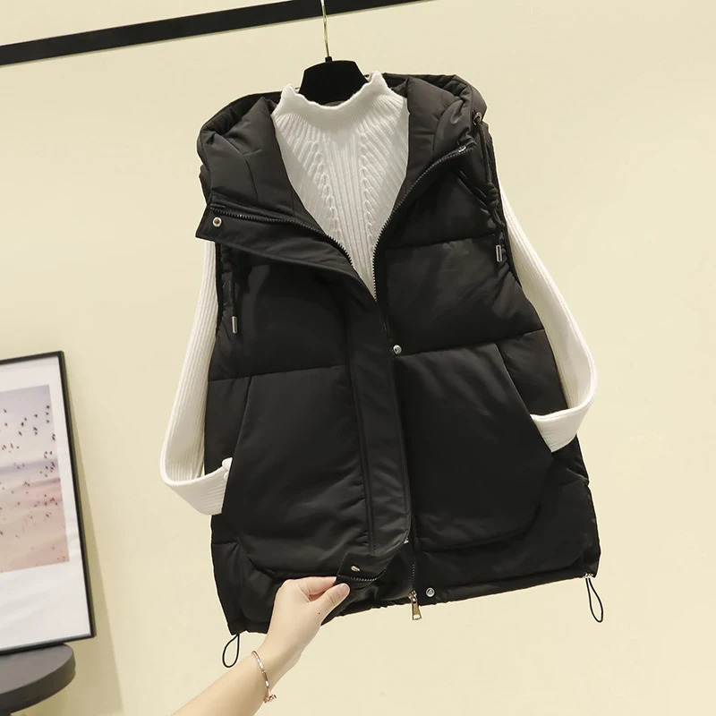 Winter warm vest womens fashionable hooded cotton vest casual winter sleeveless jacket womens coat 241126