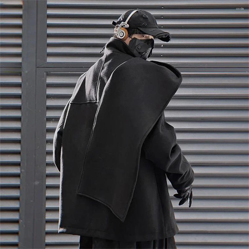 Men's Woolen Oversized Turtleneck Jacket With Scarf Design - Black, Haruku Streetwear For Spring