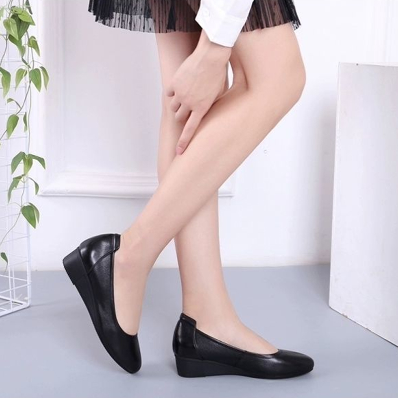 Comfort Black Leather Round Toe Dress shoe Office Women's Casual Shoes For ladies Wedges non-slip shoes upper synthetic leather zhanyishengli
