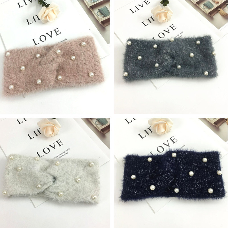 European and American pearl cross plush knitted headband ear protection headband face wash women's hair accessories warm autumn and winter woolen