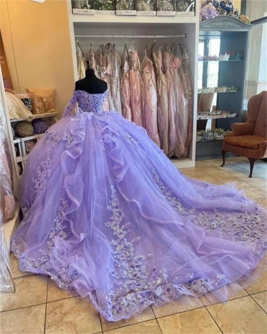 Princess Purple Quinceanera Dresses Beads ral Appliques Crystals Long Sleeves Birthday Gown Vestido De 15 Anos Customized