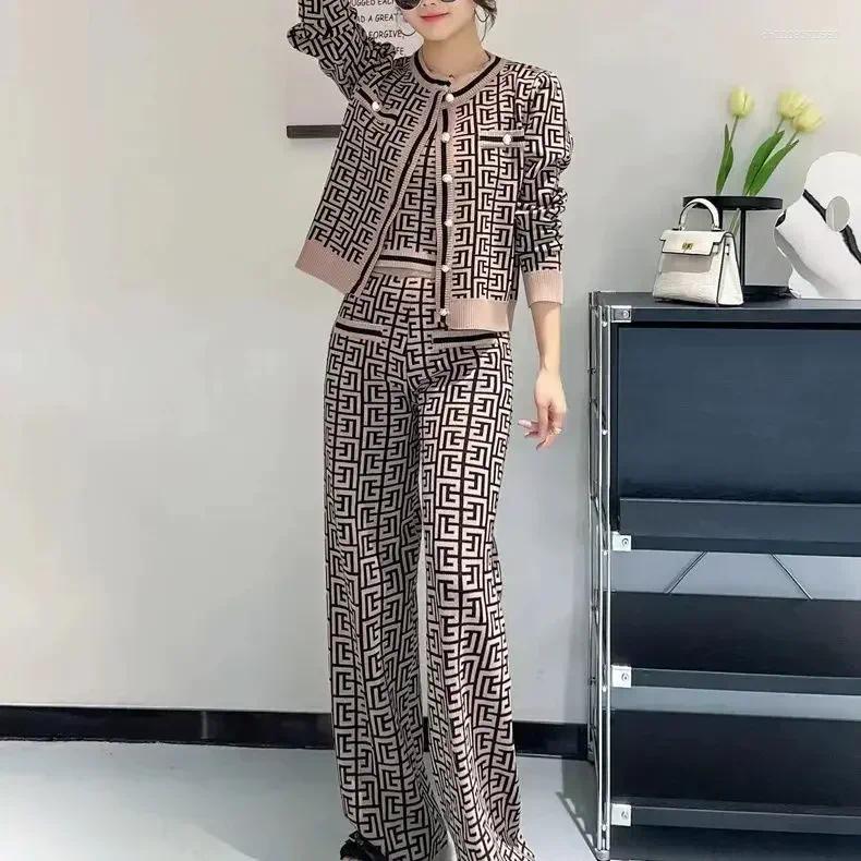 Women's Two Piece Pants WONST 2024 Autumn And Winter Vest Top High Quality Button Knitted Cardigan Wide Leg Trousers Plaid Jacquard