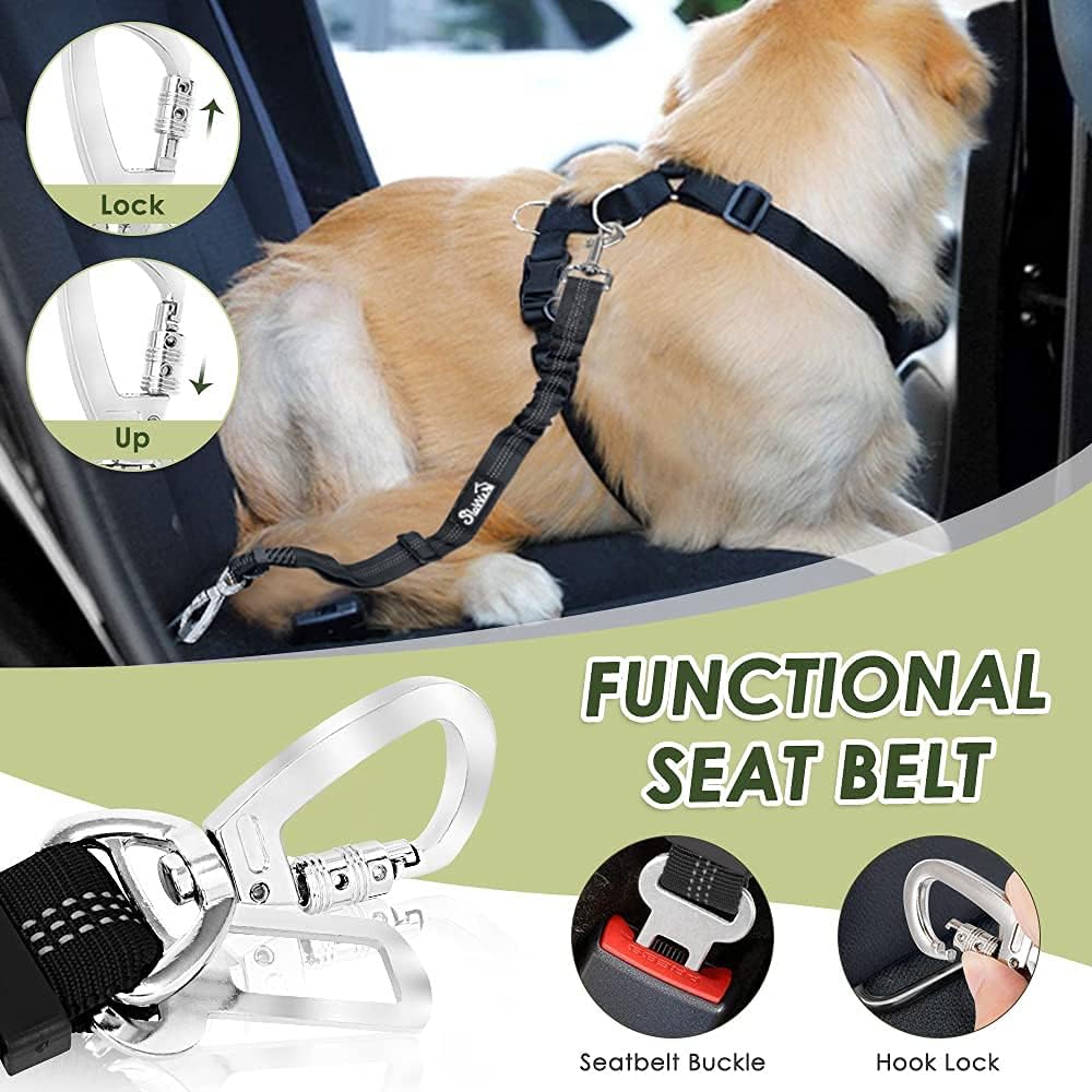SlowTon Seatbelt, 2 Pack Seat Belt Car Leash Adjustable Elastic Bungee Buffer Heavy Duty Nylon Reflective Pet Safety Tether Connect to Dog Harness for