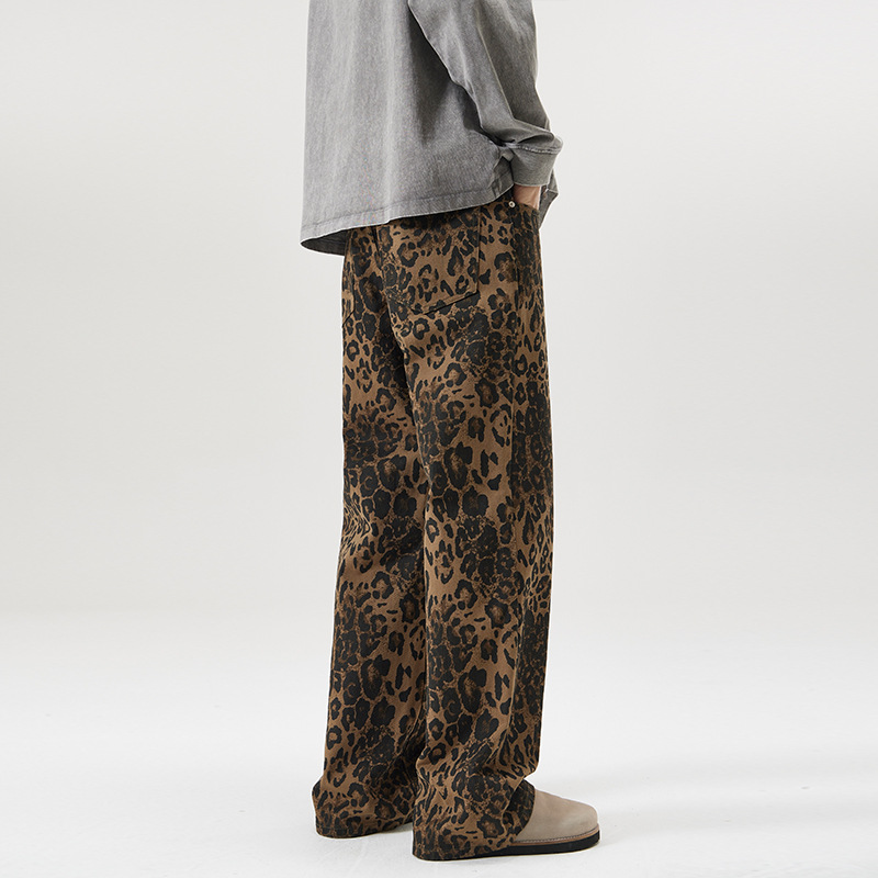 Fashion Autumn Winter Pants Men Loose Harlan Straight Wide-leg Trousers Leopard Print Casual Pants Young Men's Bottoms Brown XXXL