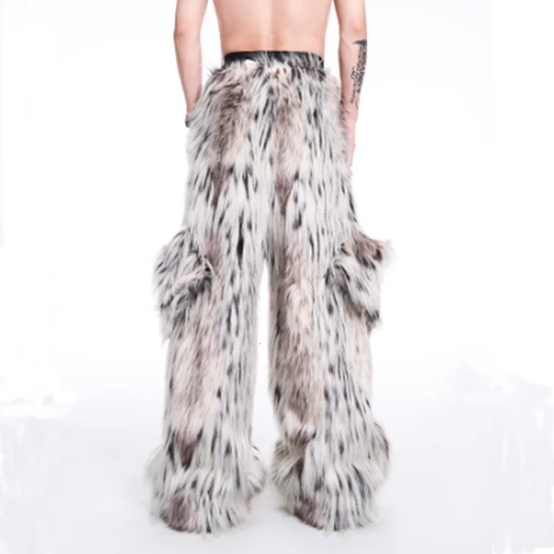 FEWQ Winter Mens Twopiece Long Fur Leopard Print Coat Big Pockets Dedign Trousers Casual Male Sets 24E5006 241112