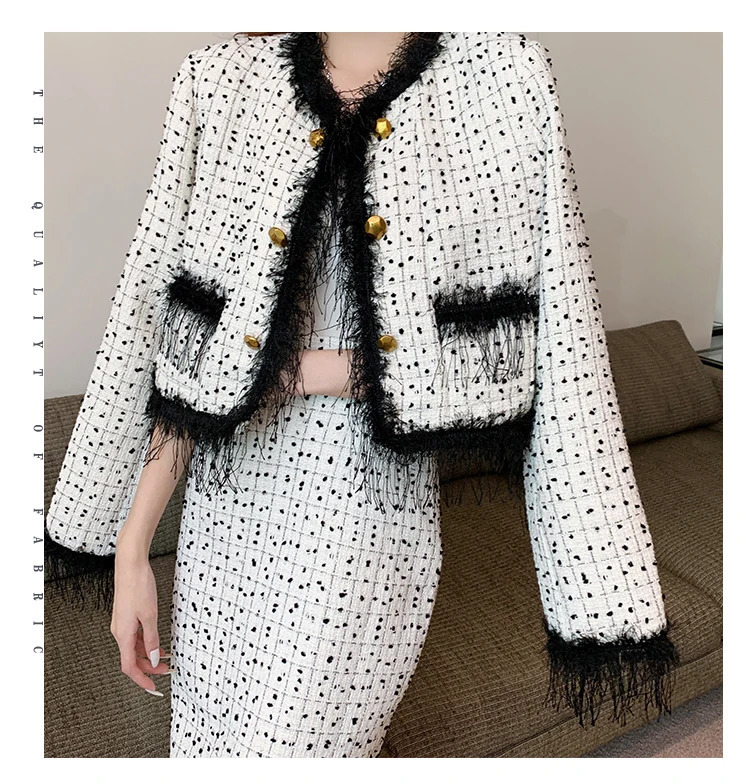 Fashion French Vintage Tweed Two Piece Set Outfits High Quality Chic Fringed Jacket Coat Bodycon Long Skirt Suits 240426