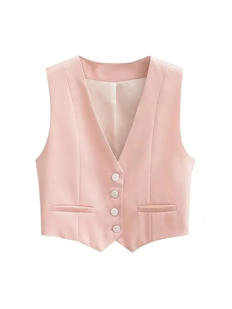 Aoaiiys Vest Women Cropped Waistcoat Fashion Front Buttons Tops Vintage V Neck Sleeveless Female Outerwear White Chic Vests 241121