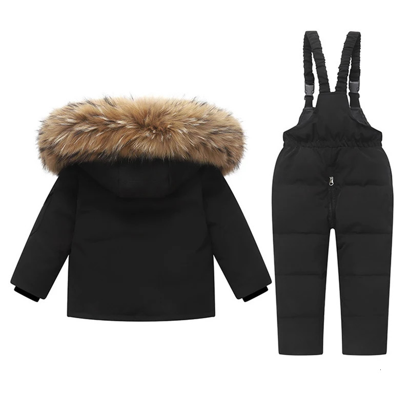 -30 Degree Russian Winter Boy 2PCS Clothes Set Waterpoof Real Fur Down Jacket Baby Girl Winter Overalls 1-5 Year Kids Snowsuit 241126