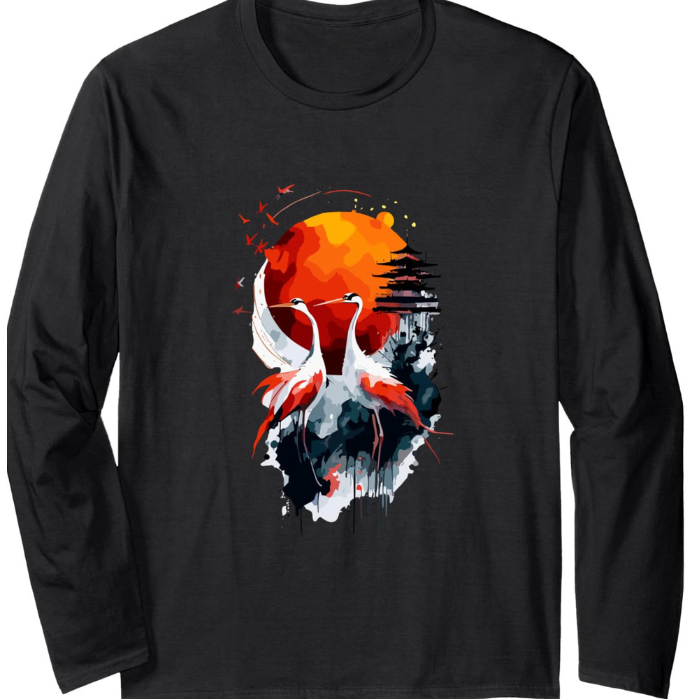 Long Sleeve Shirts for Men sweatshirt Japanese Sumi E Red Cranes Rising Sun Bamboo Print Long Sleeve T-Shirt Streetwear Casual tops clothes