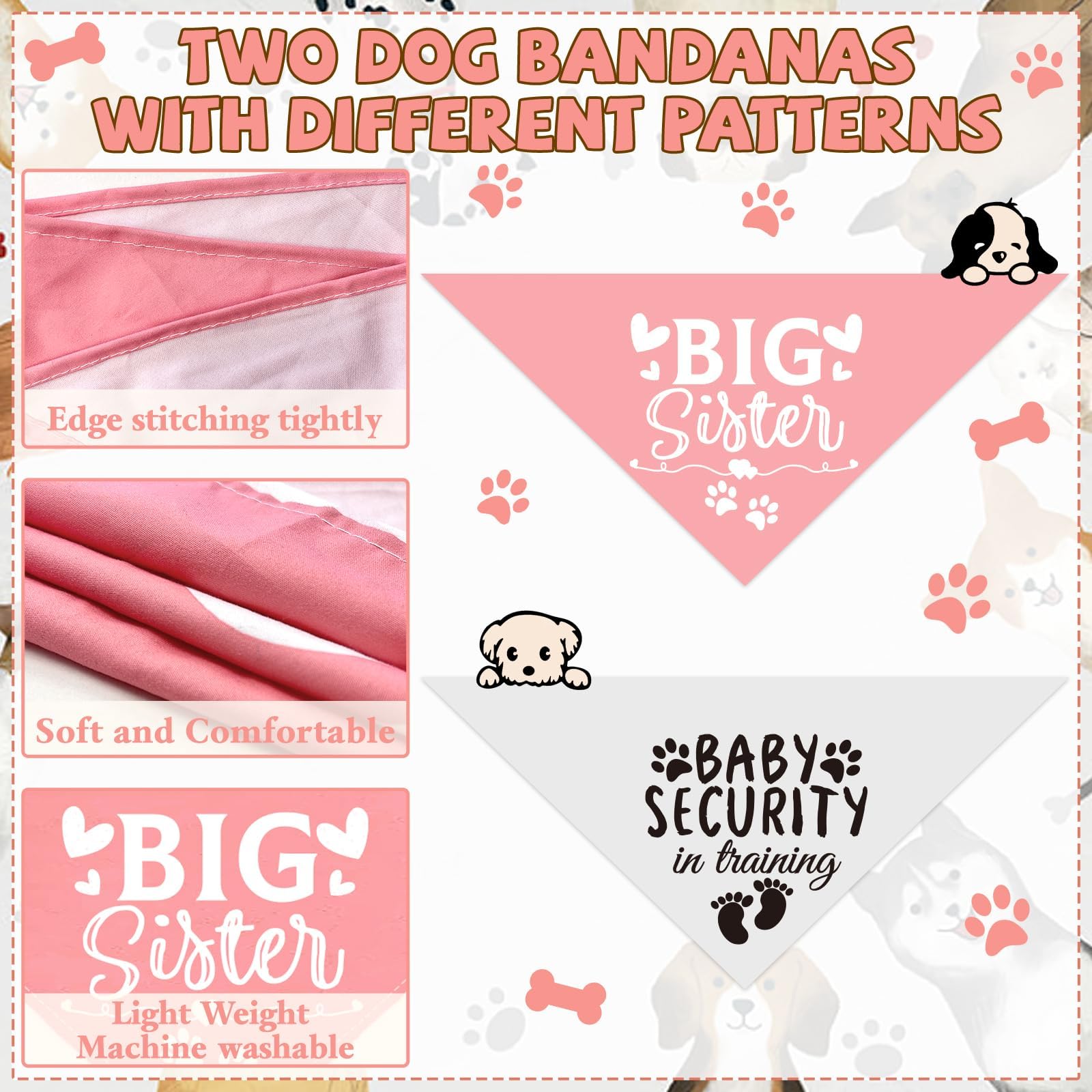 Big Sister Security in Training Printed Baby Announcement Bandanas Pregnancy Dog Bandana for Dogs Pet Scarf Accessories
