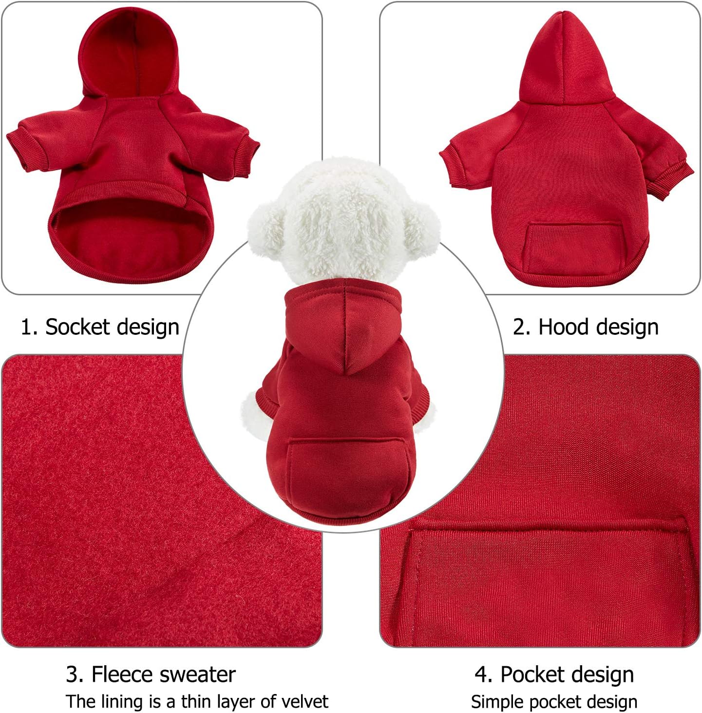 2 Pieces Winter Hoodie Warm Small Dog Sweatshirts with Pocket Cotton Coat for Chihuahua Clothes Puppy Costume(M, Blue, Wine Red