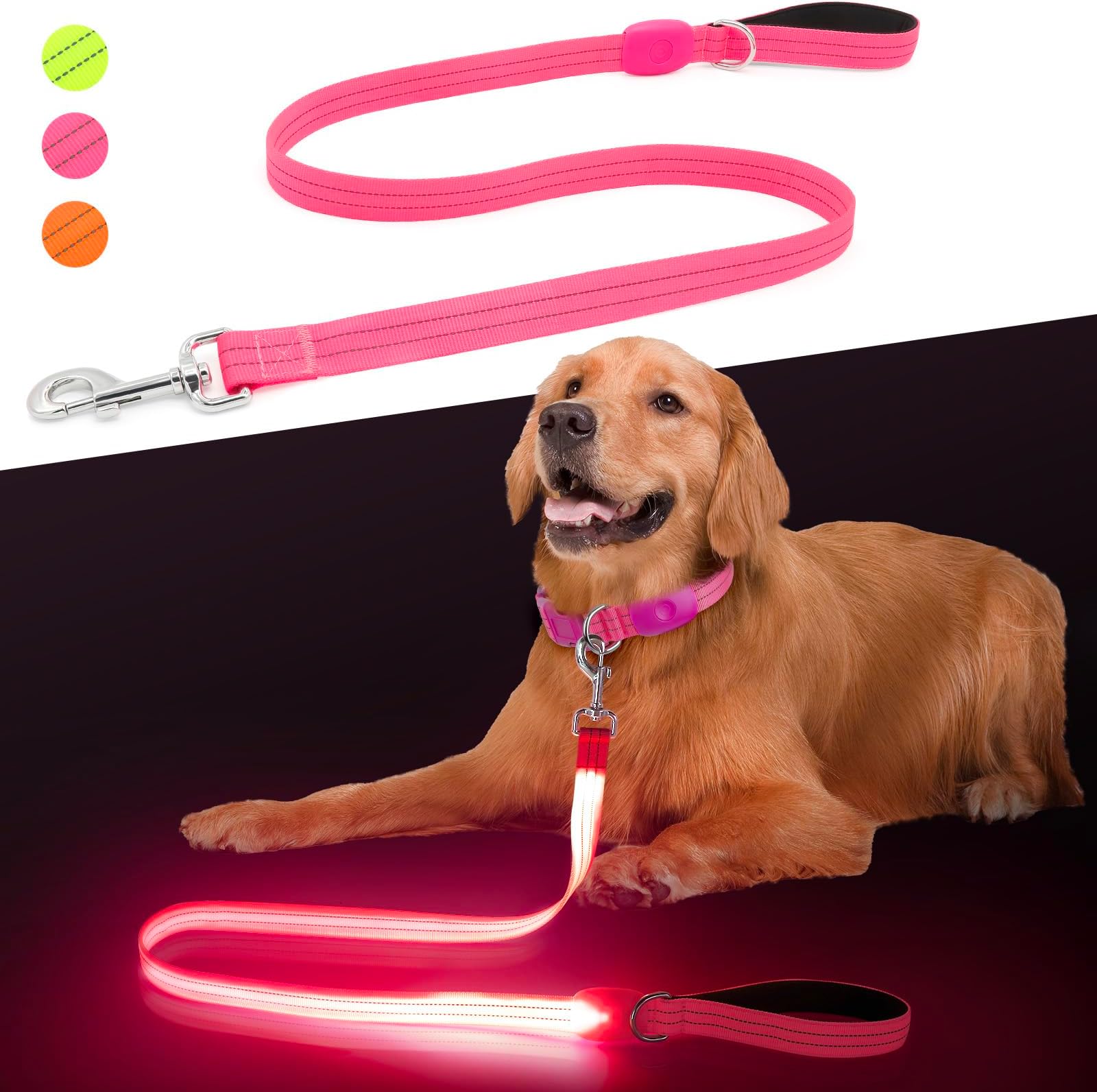 LED Leash, Light Up Dog Leash 4 Ft USB Rechargeable Waterproof, Nylon Reflective Leashes with Padded Handle Dogs Night Walking Light, Safety Glow in T