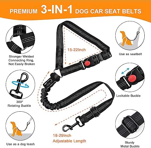 Pavsrmy 2 Packs Seat Belt Car, Upgrade 3-in-1 Seatbelt Adjustable Metal Buckle, Safety Headrest Restraint Dog Car with Elastic Bungee for Small Medium