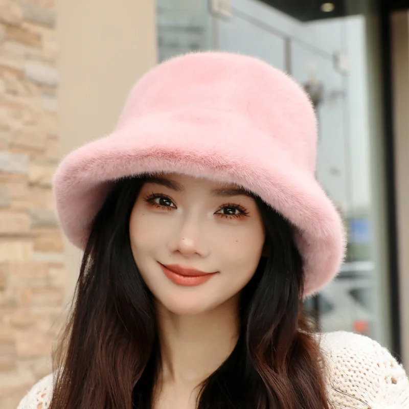 Womens bucket hat fluffy faux fur hat womens plush fisherman hat warm winter hat thick snow Panama hat 241127