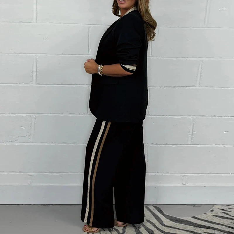 Autumn Elegant Striped Print Office Women's Suit Fashion Lapel Neck Blazer Jacket & Elastic Waist Pants Sets Winter 2pcs Outfits