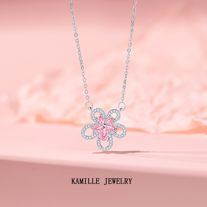 Chic Women's Small Clearance Pink Zircon Flower Choker Necklace in Stainless Steel