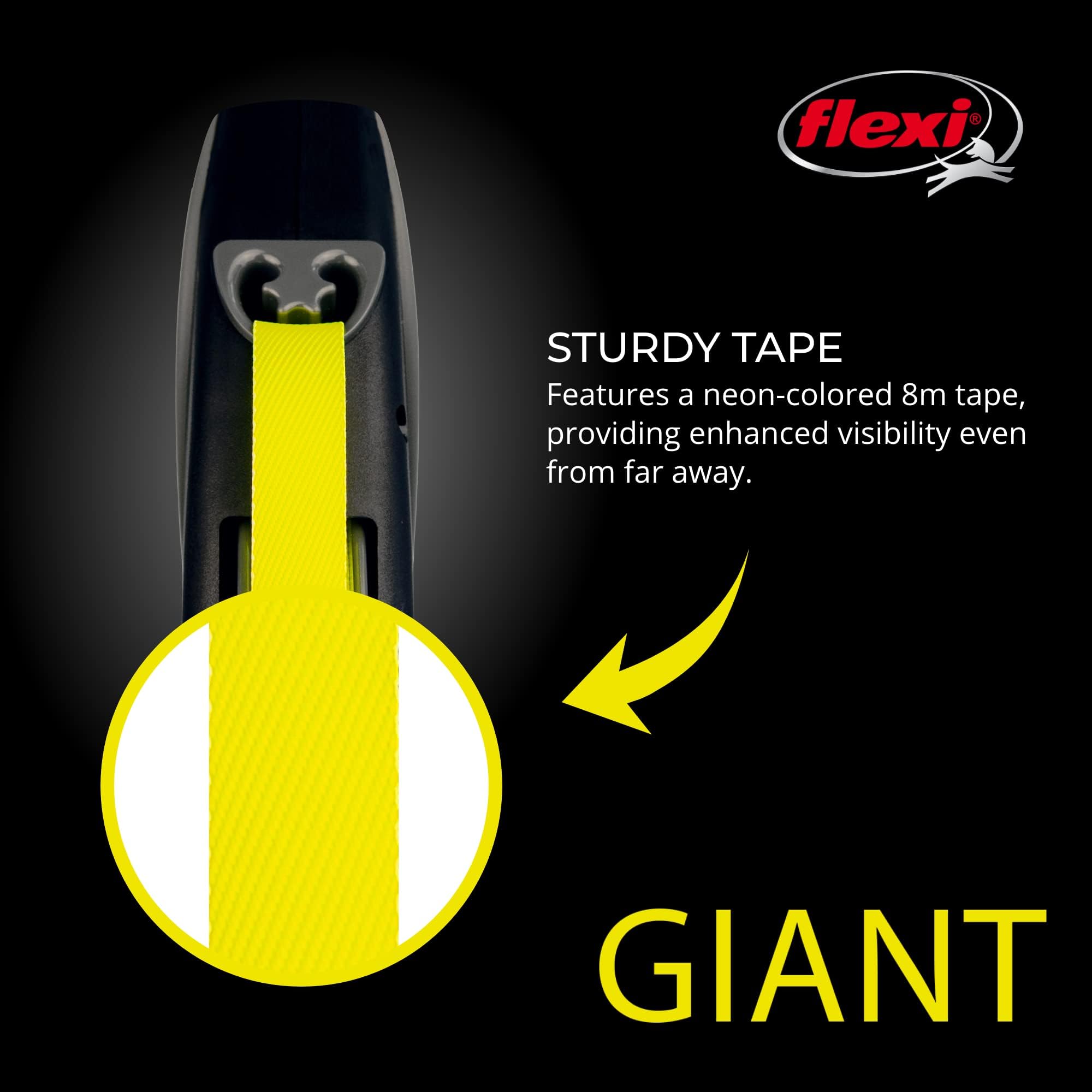 FLEXI USA Neon Retractable Dog (Tape), Ergonomic, Durable and Tangle Free Pet Walking Leash for Dogs Up to 110 lbs, 26 ft, Large, Black