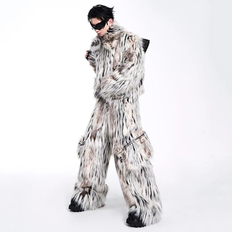 FEWQ Winter Mens Twopiece Long Fur Leopard Print Coat Big Pockets Dedign Trousers Casual Male Sets 24E5006 241112