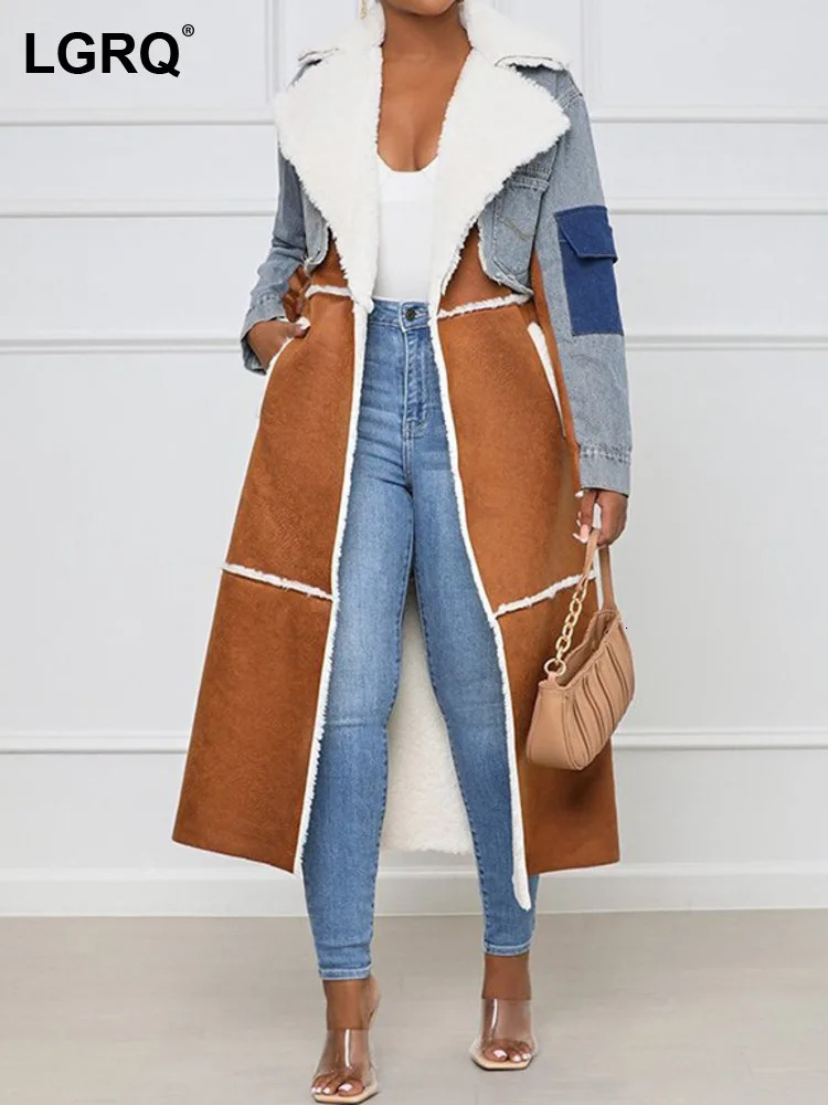 LGRQ Fashion Womens High Quality Wool Coat Loose Lace Waist Denim Jacket Patch 2024 Winter 7C222 241127