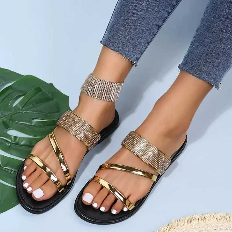 Summer womens flat shoes sparkling Rhine slides fashionable womens beaches sparkling casual shoesXJ250326