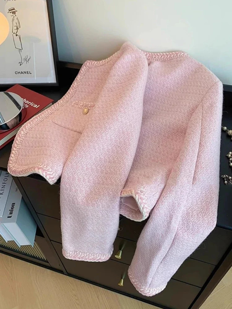 Korean fashion O-neck short jacket for autumn and winter pink sweet coarse tweed jacket 241126