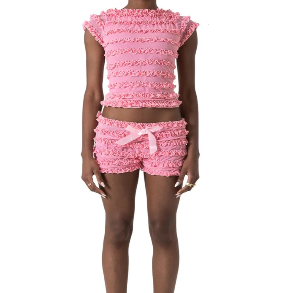 Sweet Spice Girl Wooden Ear Side Hollow Out Strappy Camisole Tank Top Women Summer Lace Pom Shorts 2 Piece 240423