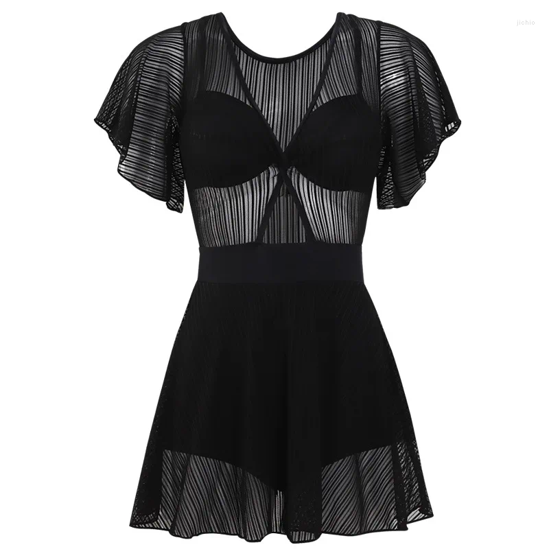 Womens Swimwear Korean One-piece Swimsuit Women Black White Sexy Lace Mesh High Waisted Summer Beach Holiday Slimming Bathing Suit 2024