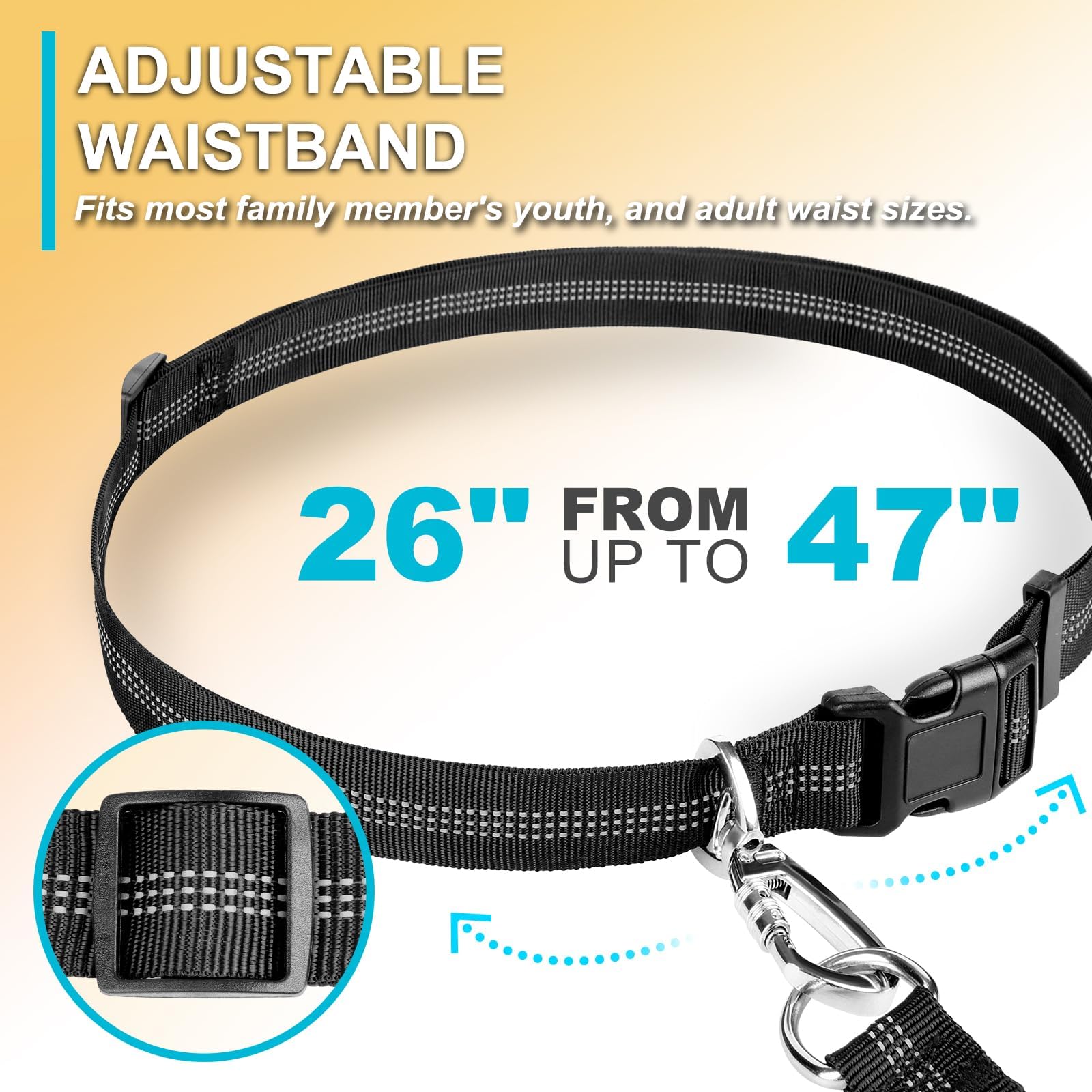 Hands Fr Lash, Adjustabl Waist Dog, Handl Bung Dog Lash 4.2-6.7 Ft Long with Rflctiv s for Walking Hiking Running, Fits 26 - 47 Waist, Black &