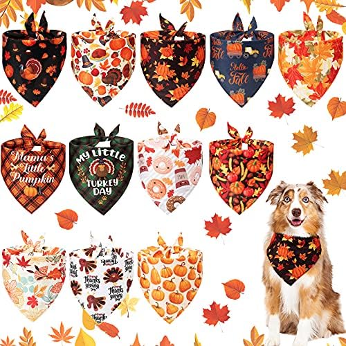 12 Pieces Thanksgiving Bandana Bandanas Clothes Accessories Maple Leaf Pumpkin Patterned Autumn Triangle Scarf Bibs for Large Small Dog Kerchief Cat P