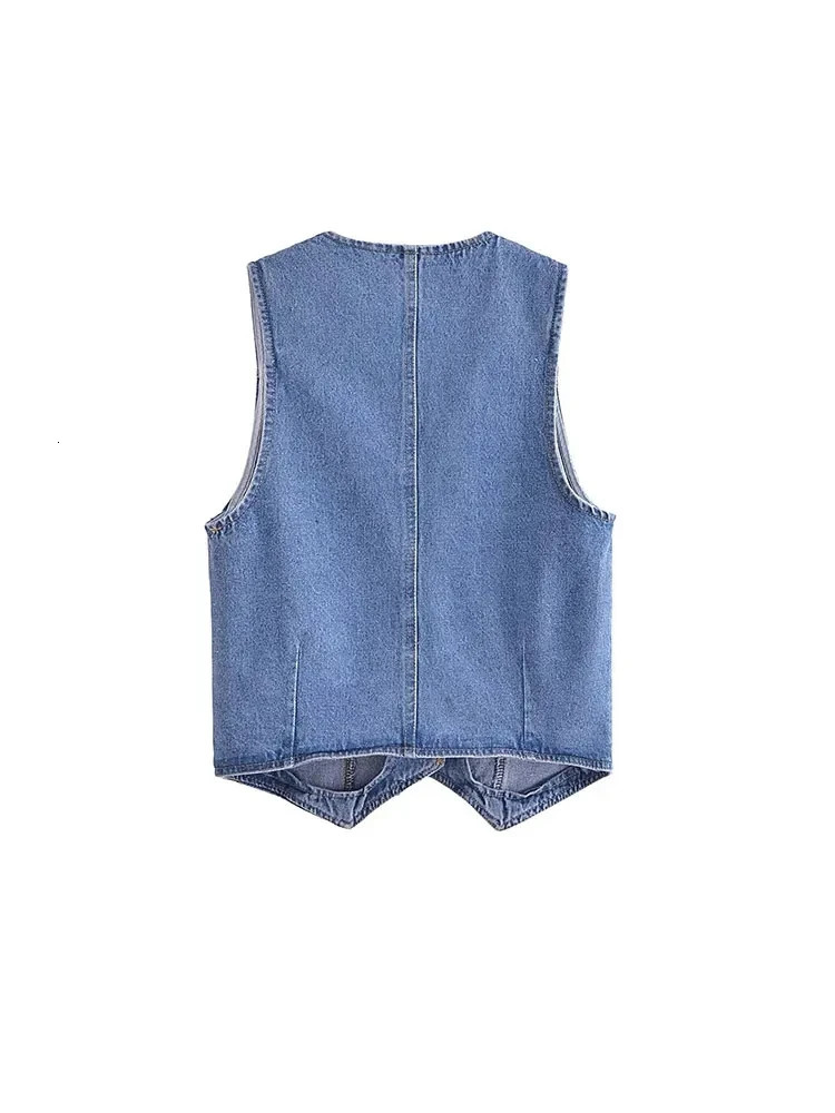 Nlzgmsj TRAF summer womens short denim blue vest fashion V-neck sleeveless ultra-thin womens casual single chest button vest 241126