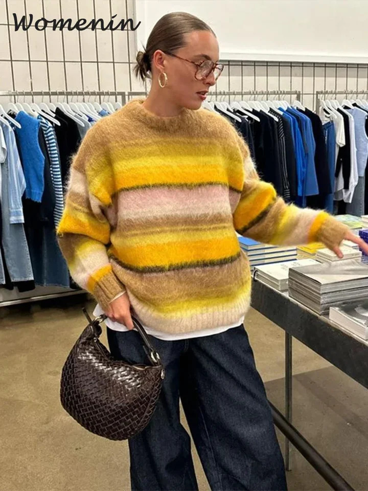 Fashion Womens Knitted Striped Mohair Sweater Vintage Oneck Long Sleeve Pullover Autumn Winter Lady Fluffy Street Jumper