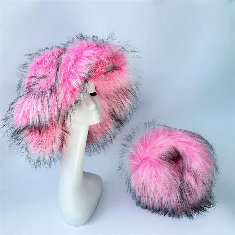 Pink Big Brim Womens Winter Warm Thick Raccoon Fur Fishermans Hat Bucket Hat Women 241126