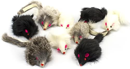 AXEL PETS 10 Giant Furry Mice with Catnip and Rattle Sound Made of Real Rabbit Fur Interactive Catch Play Mouse Toy for Cat, Pack of 10 Mice
