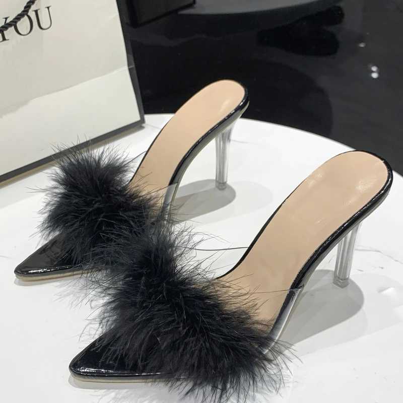 PU leather with feather peep toe transparent high heel slippers summer sexy slip clear heel slides women mules shoesXJ250207