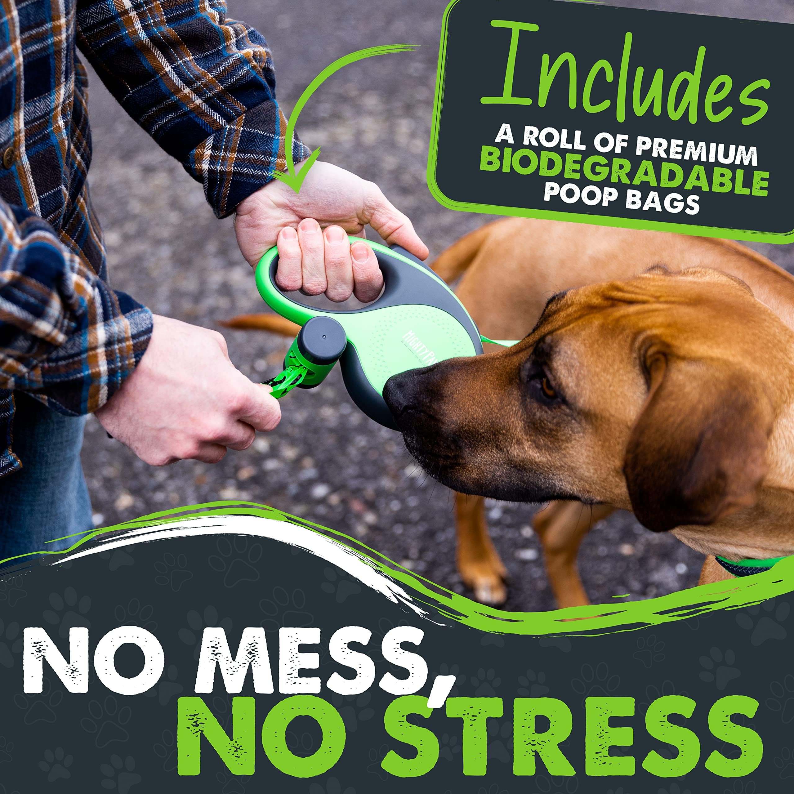 Mighty Paw Retractable with Built-in Poop Bag Holder | 16' Long Leash Small Dogs, Medium Breeds & Large Pets. Tape for Quick Control. Bags Includ