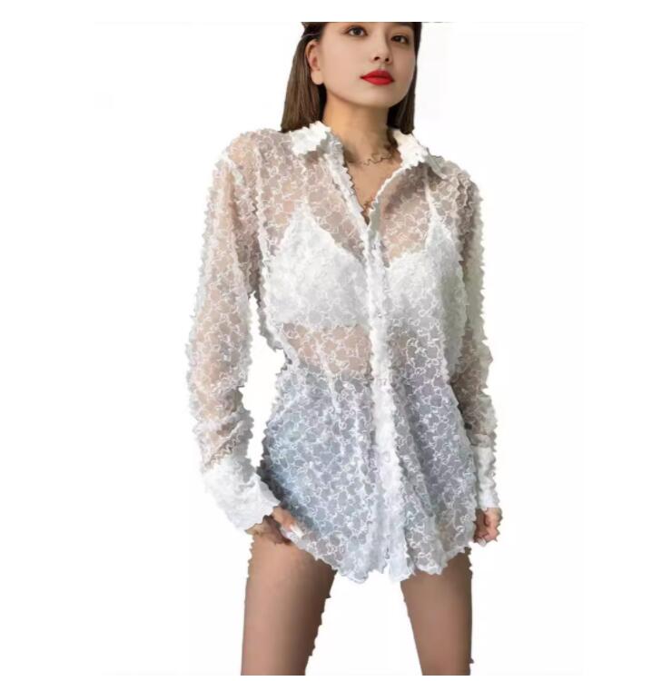 Party Outfits Women's Hollow lapel Blouses Luxury Brand Fashion Perspective Versatile Mesh Shirts girls Sexy Night club Shirt clothing