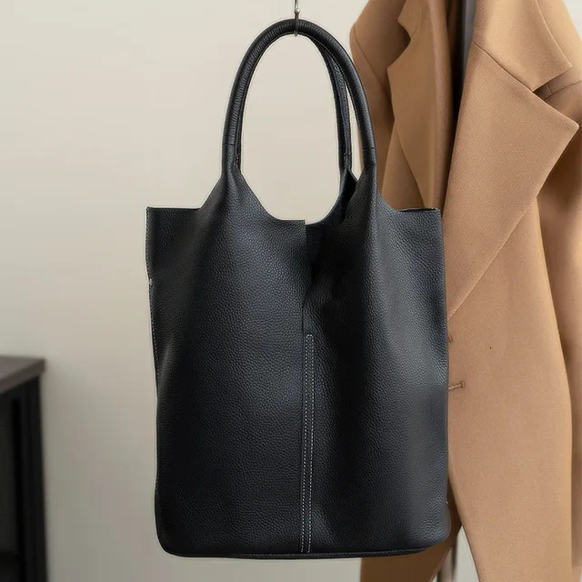 Bucket Woman Tote Genuine Cow Leather Shoulder Ladies Handbags Big Shopper Bag Fashion Blue Genuine Leather