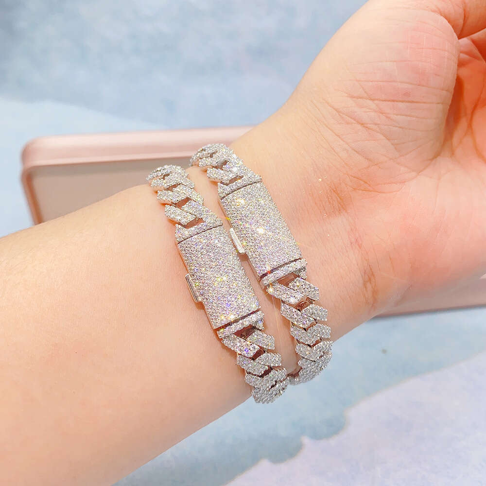 2023 925 Solid Silver Rose Gold Plated Iced Out Hip Hop Fire Jewelry Vvs Moissanite Diamond Cuban Link Chain Bracelet Man